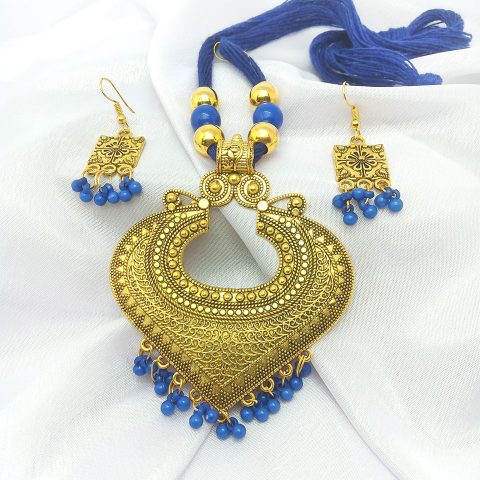 Cotton Dori Necklace and Earrings Set (Blue)