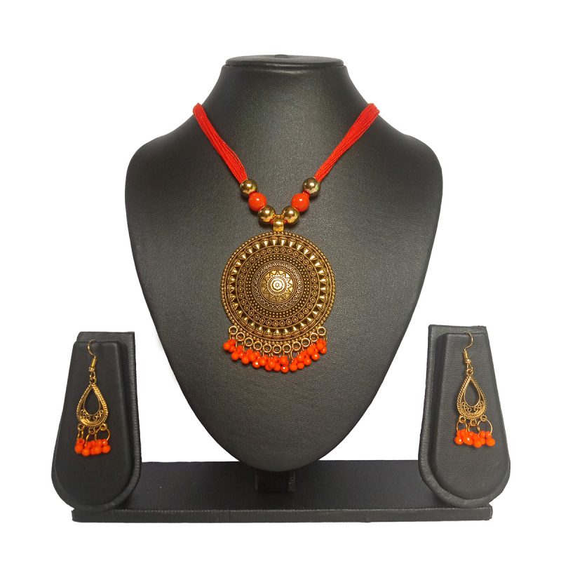 Cotton Dori Necklace and Earrings Set (Orange)