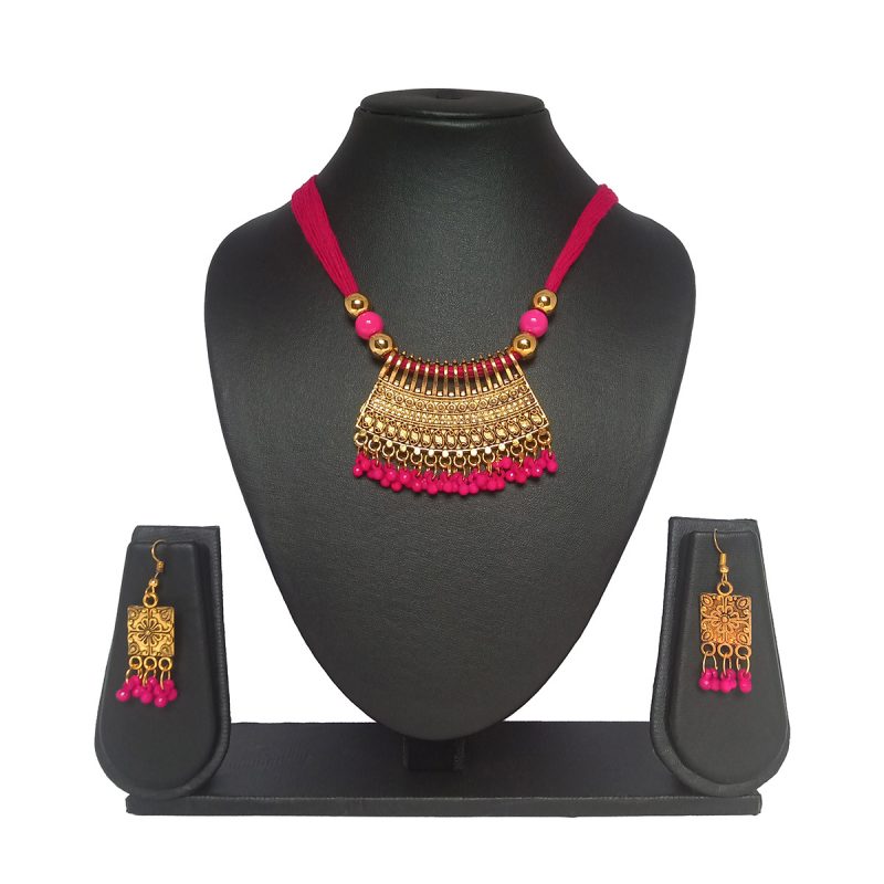 Cotton Dori Necklace and Earrings Set (Pink)