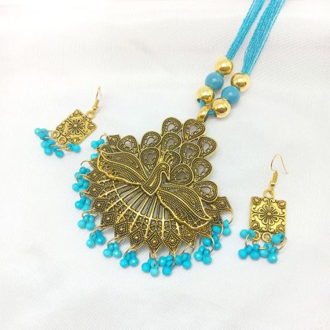 Cotton Dori Necklace and Earrings Set (Sky Blue)
