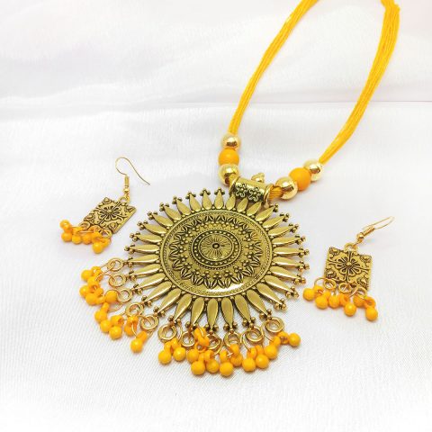 Cotton Dori Necklace and Earrings Set yellow